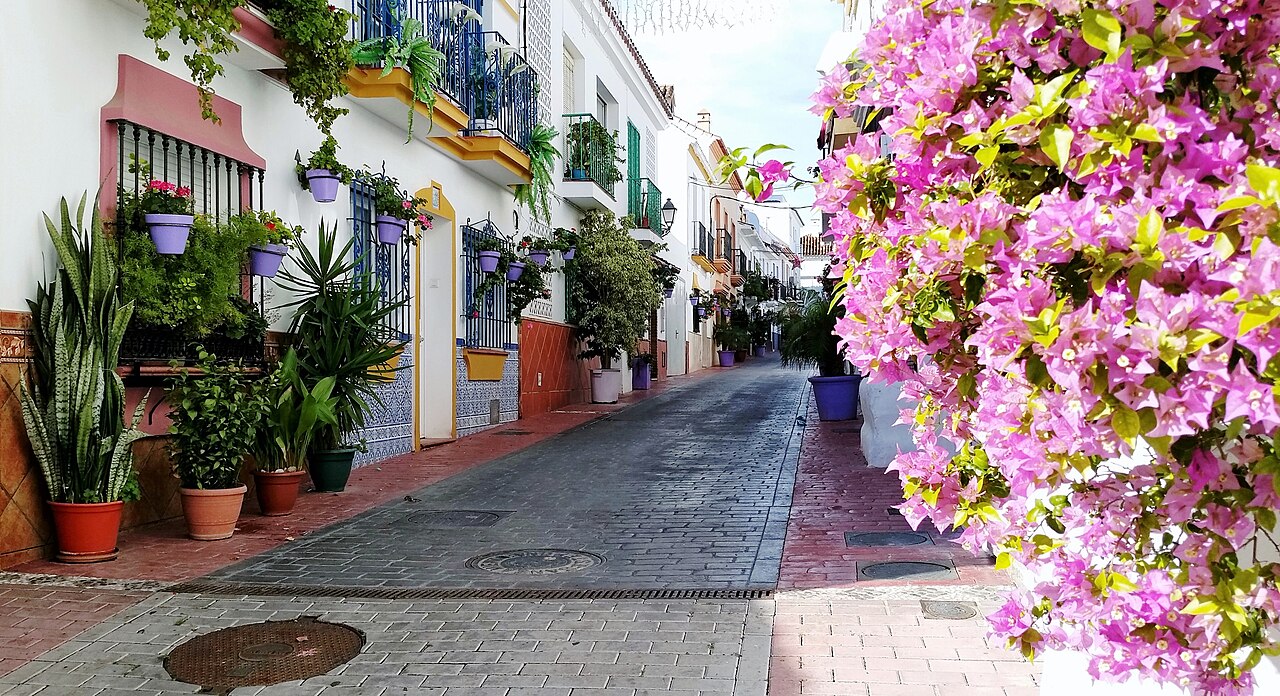 Flower-lined street in Estepona old town