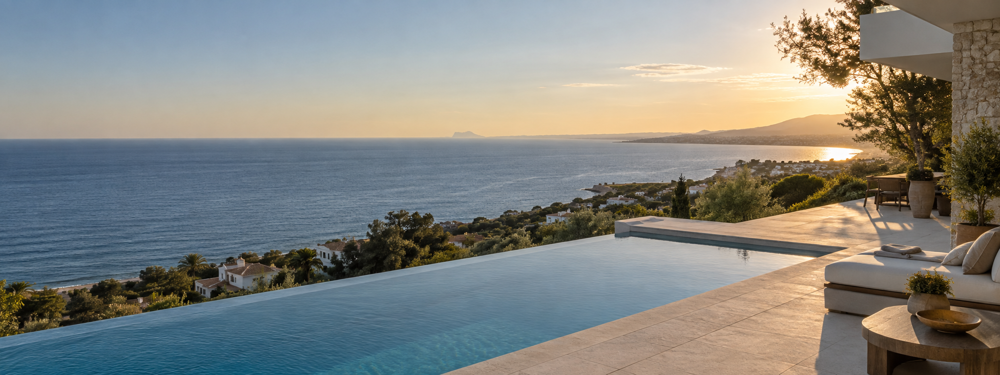 Mediterranean Sea, western coastal hills and distant Gibraltar viewed from a Marbella villa